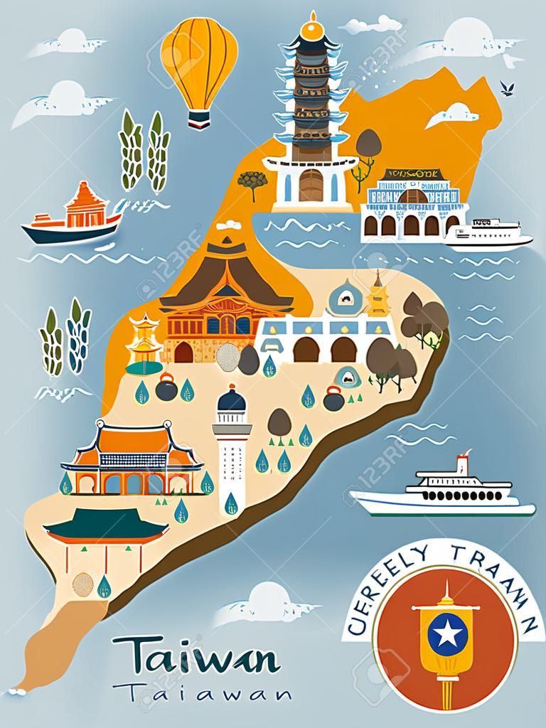 可愛的台灣旅遊地圖設計在平面樣式