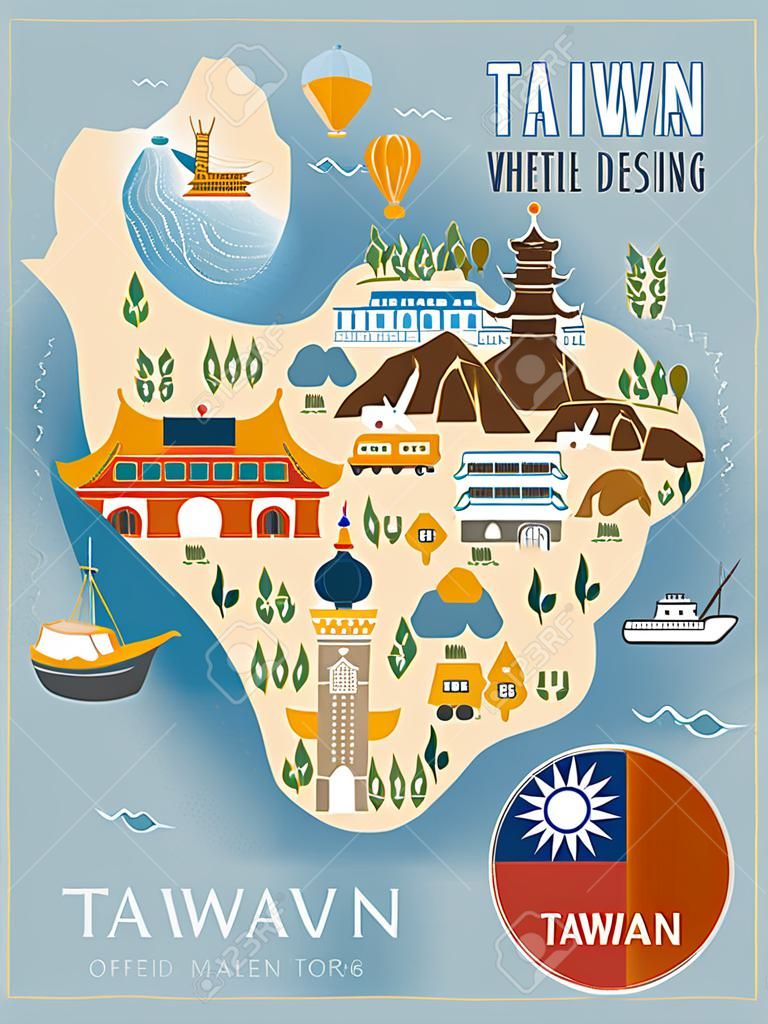 mooie Taiwan reiskaart ontwerp in platte stijl
