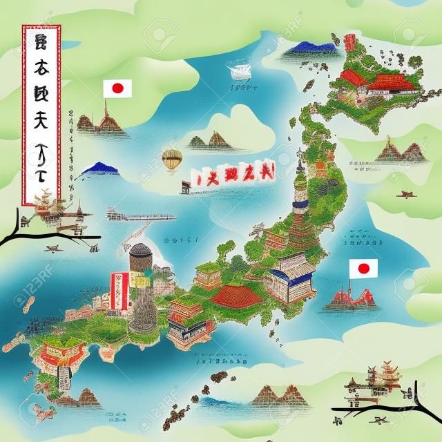 우아한 일본 여행지도 - 일본은 왼쪽 상단에 일본어 단어 여행