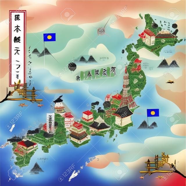 우아한 일본 여행지도 - 일본은 왼쪽 상단에 일본어 단어 여행