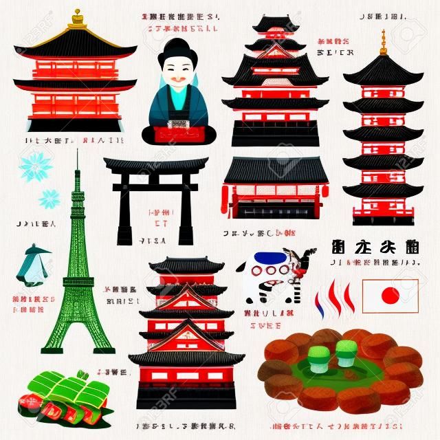 piękne Japonii elementami podróże kolekcja - Japan Travel w japońskich słów