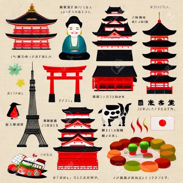 linda coleção de elementos de viagem do Japão - Japan Travel em palavras japonesas