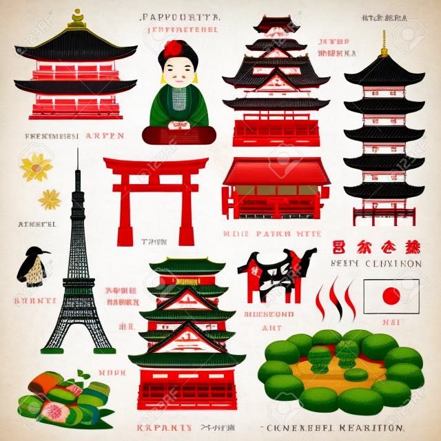 linda coleção de elementos de viagem do Japão - Japan Travel em palavras japonesas
