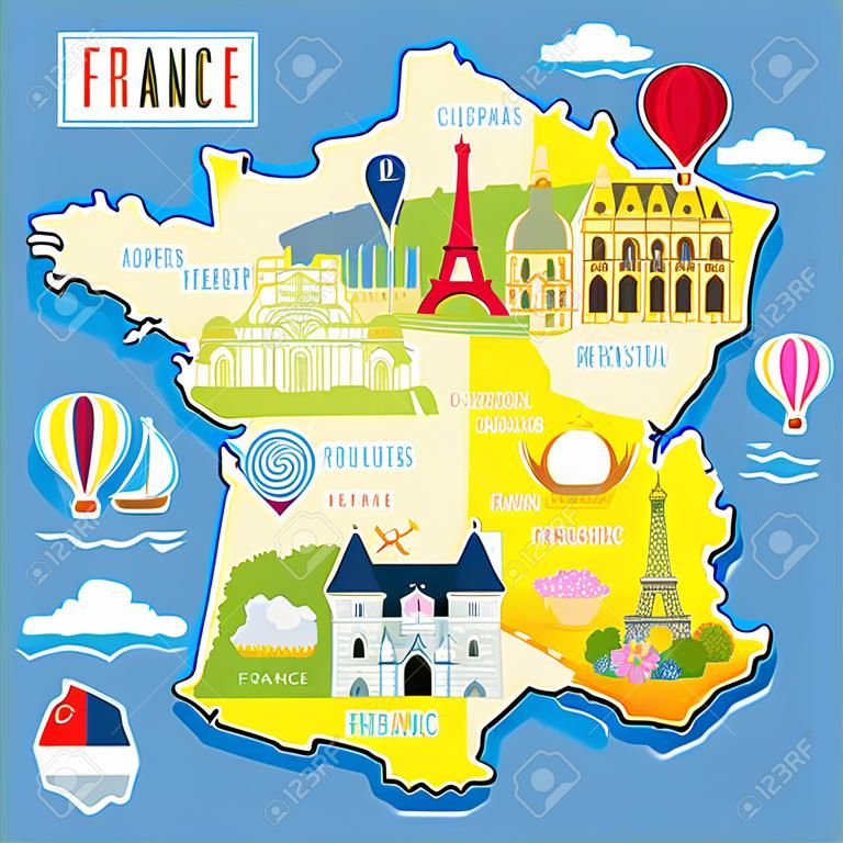 belle carte Voyage France avec des symboles d'attraction