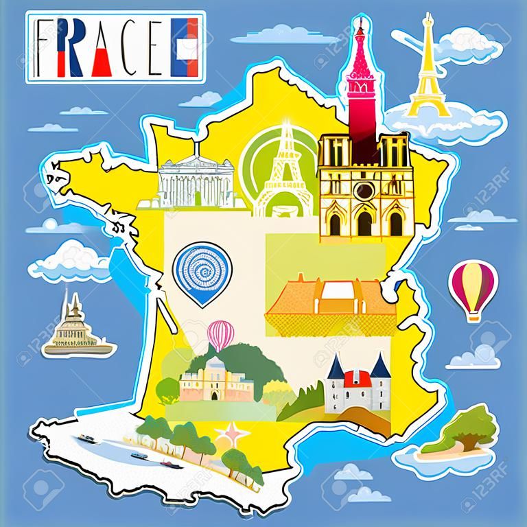 belle carte Voyage France avec des symboles d'attraction
