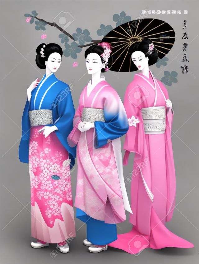 geishas élégantes avec kimono et belle sakura