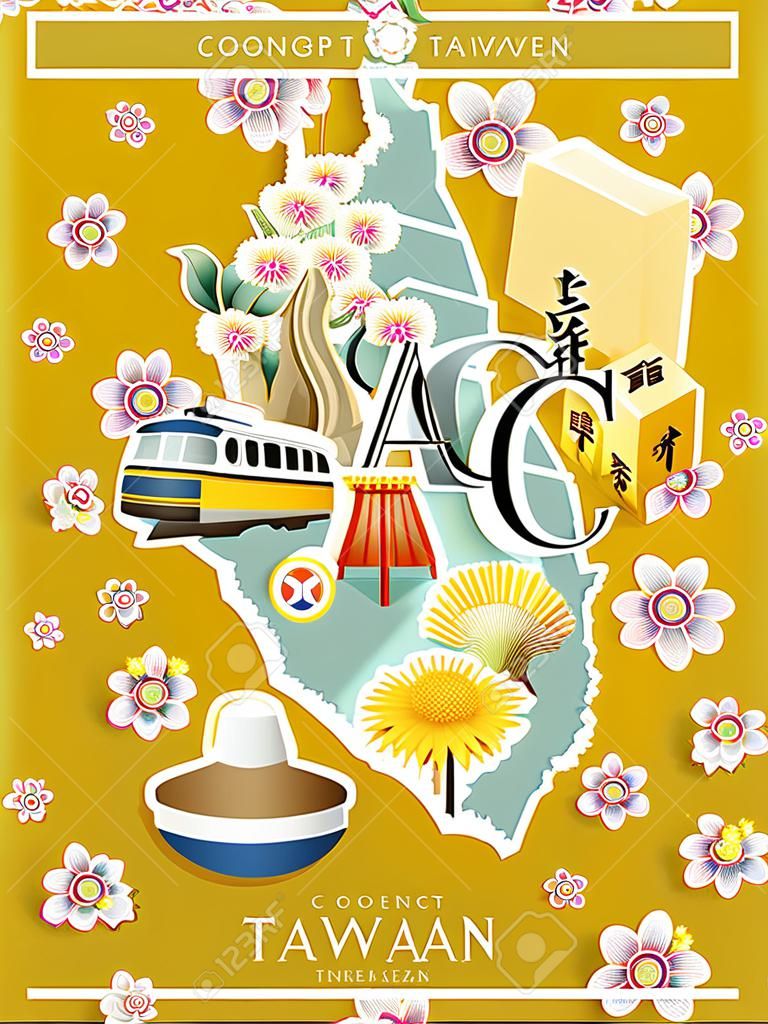 Taiwan travel concept design with attractions and hakka floral background