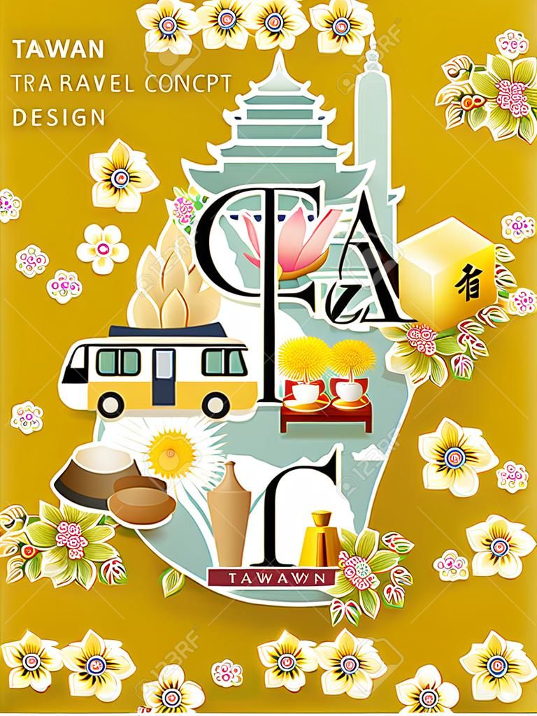 Taiwan travel concept design with attractions and hakka floral background