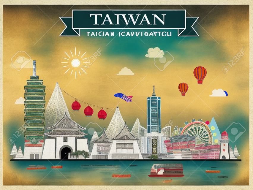 tek renkli ünlü cazibe ile Tayvan seyahat kavramı posteri