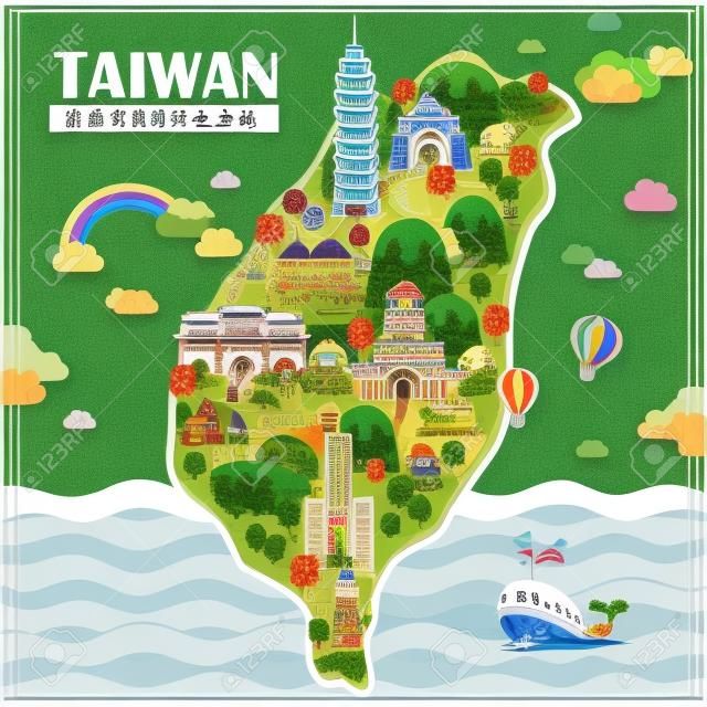 Diseño mapa de la adorable Taiwán con lugares de interés turístico