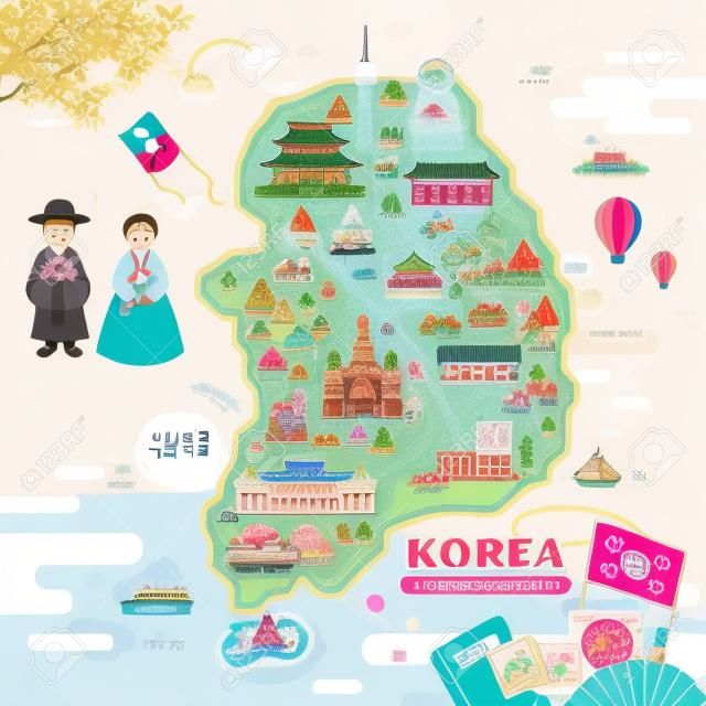lovely Korea travel map design with attractions over pink ocean