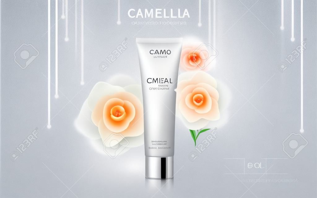 camellia skin toner contained in tube, silver background, 3d illustration