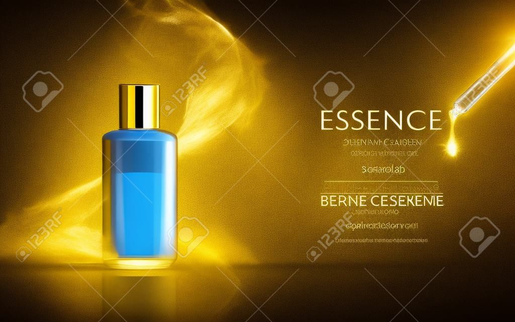 gouden essentie huidverzorging in fles geïsoleerd op zwarte achtergrond, 3d illustratie