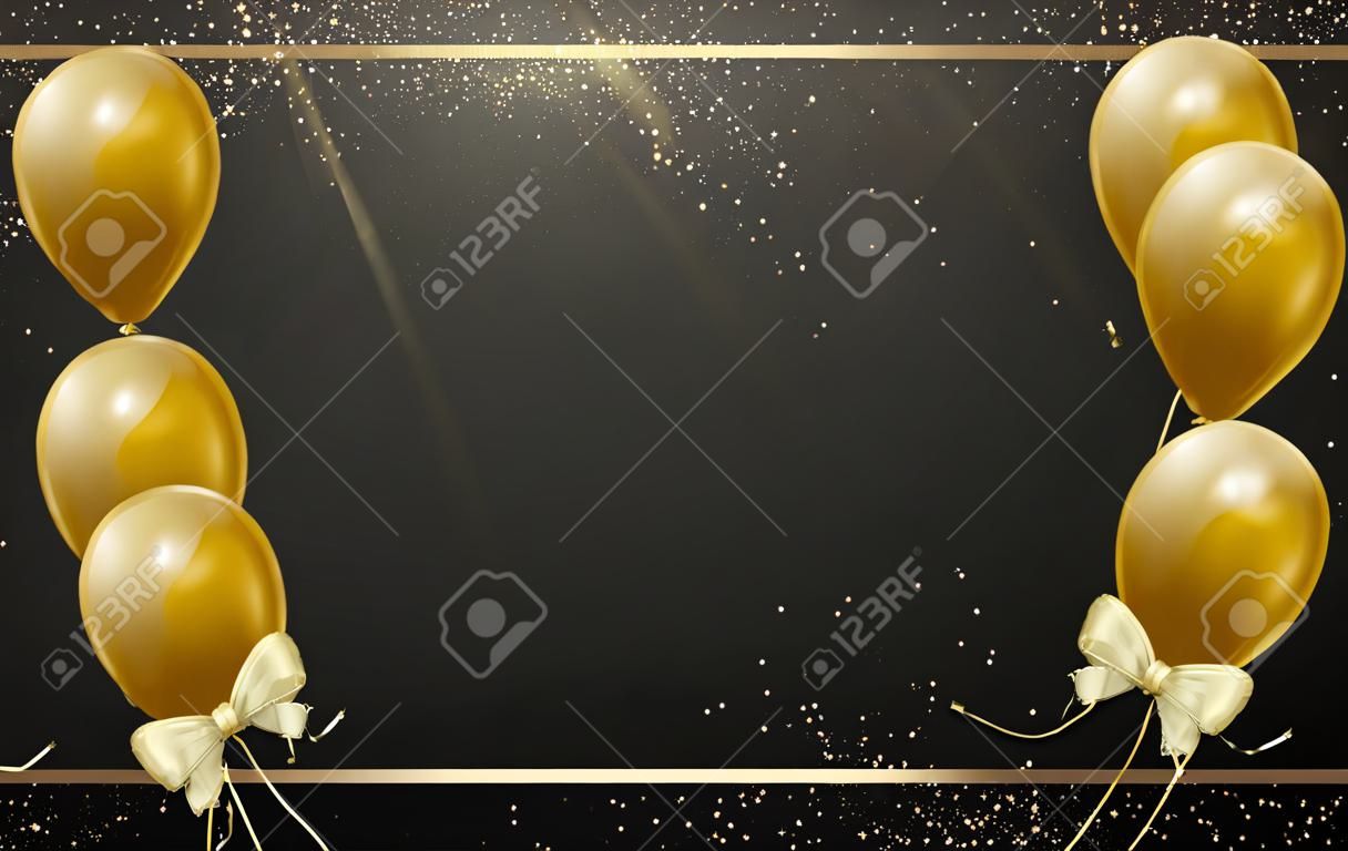 elegant balloons with golden frame, dark sky background