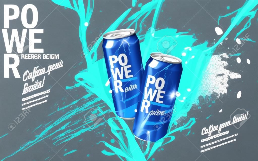 energy drink contained in two kinds of metal cans with refreshing breath elements and spilled paints, gray background