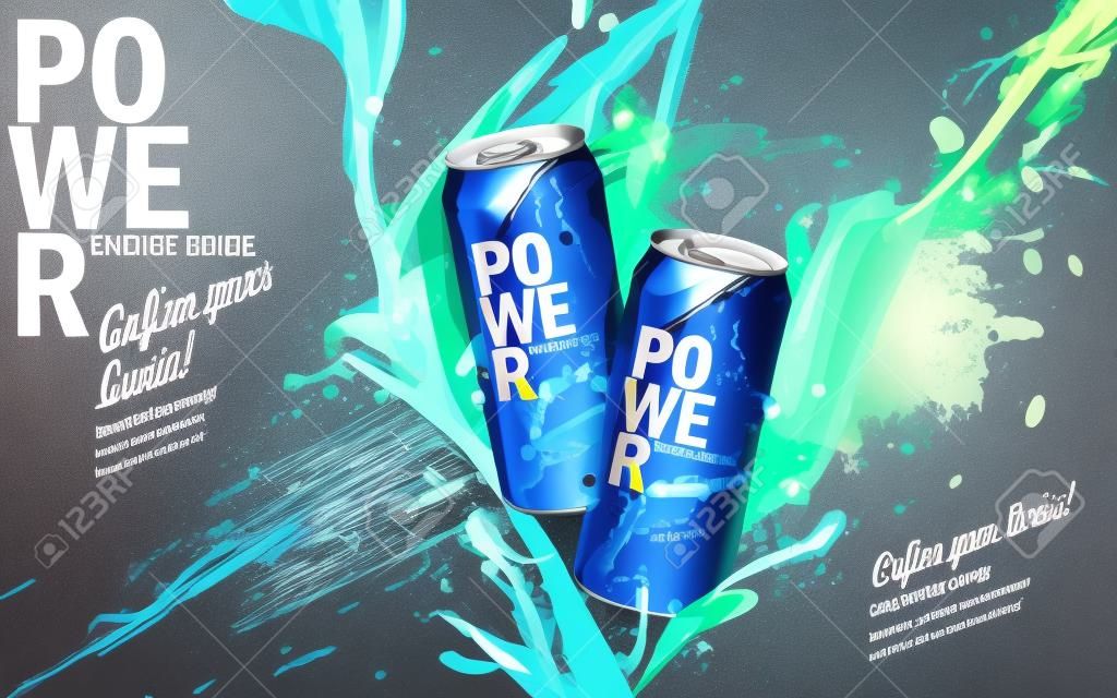 energy drink contained in two kinds of metal cans with refreshing breath elements and spilled paints, gray background