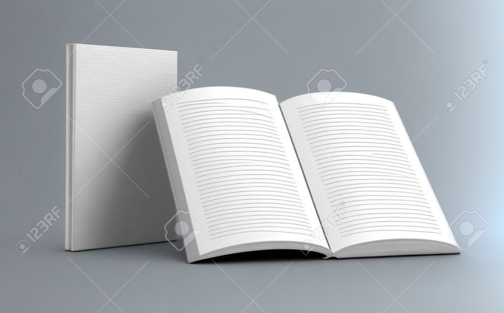 空白的书模板，用于3d渲染的设计样机，一本打开的书与封闭的一本