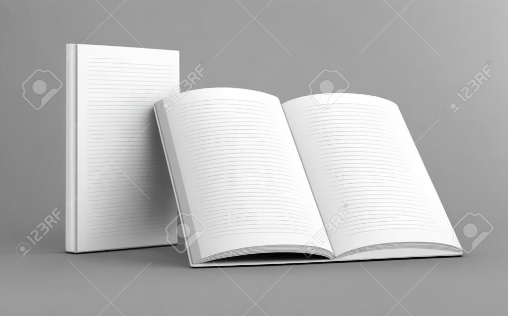 Plantilla de libro en blanco, maqueta para usos de diseño en representación 3d, un libro abierto permanente con cerrado