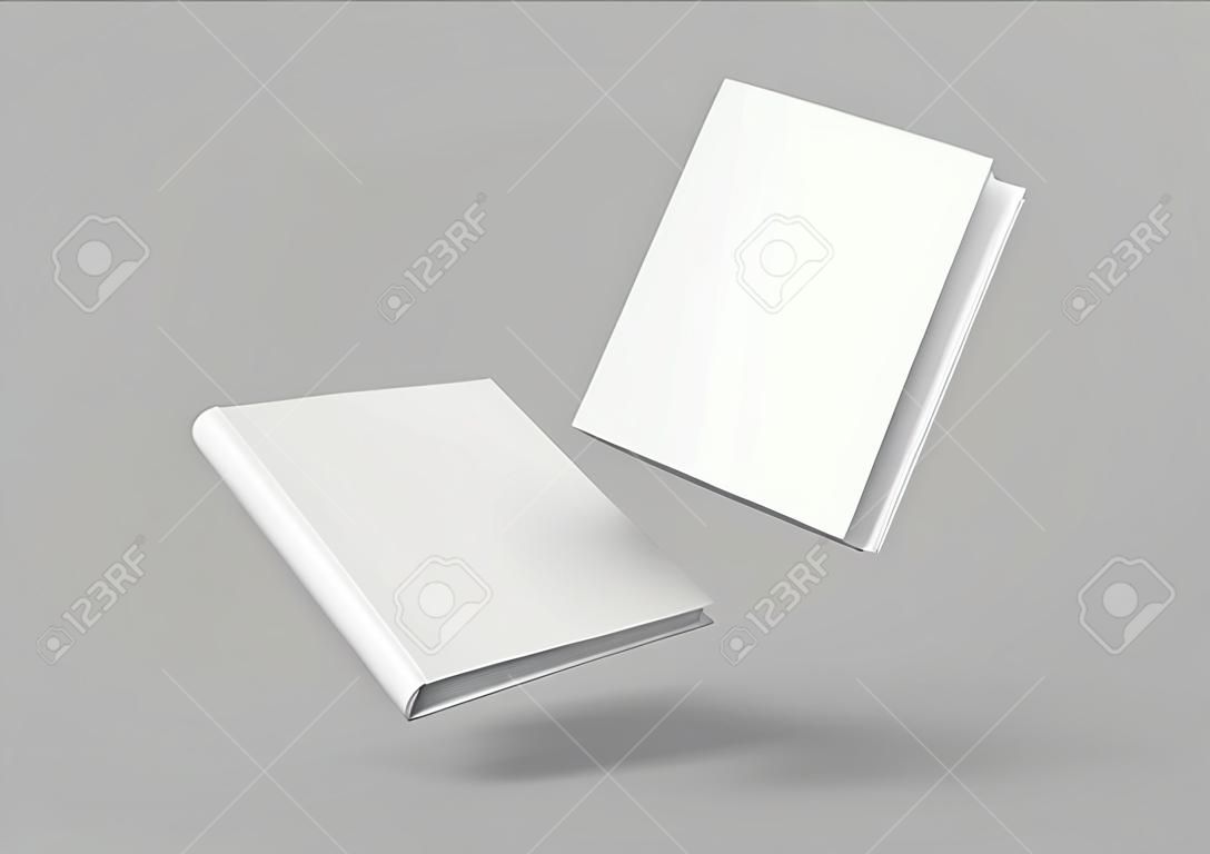 Modelo de livros de capa dura, mockup de livros em branco flutuando no ar para usos de design, renderização 3d