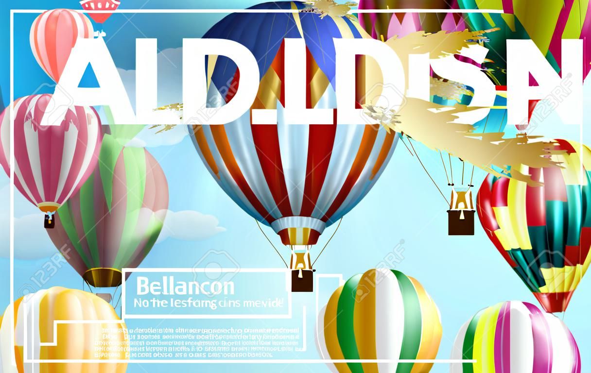 풍선 축제 광고, 여행사 및 웹 사이트 3d 그림에서 뜨거운 공기 풍선 투어, 공중에서 날고 다채로운 뜨거운 공기 풍선