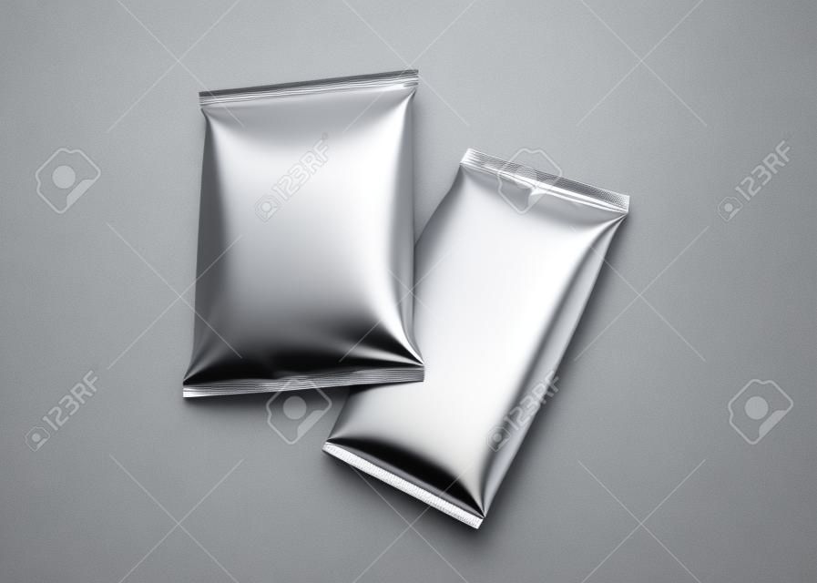 Foil food package mockup, 3d rendering silver package template for design use, bag floating in the air