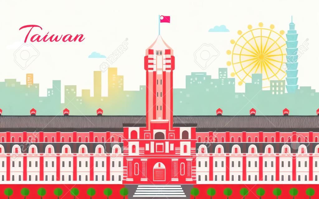 Taiwan travel concept, office of the president and taipei street scene in flat design, red tone