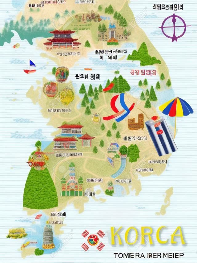 韩国旅游地图可爱的扁平风格韩国旅游景点和专业旅行者