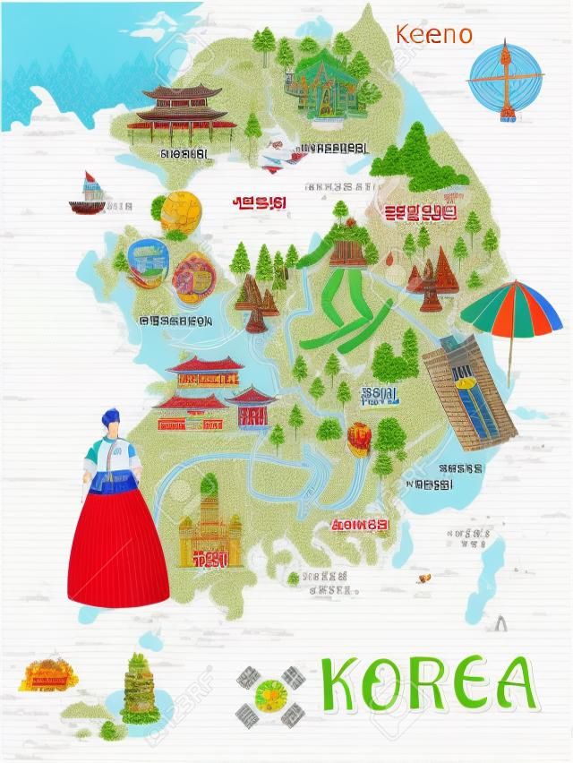 한국 여행지도, 사랑스러운 평면 스타일 한국 명소 및 여행자를위한 특선