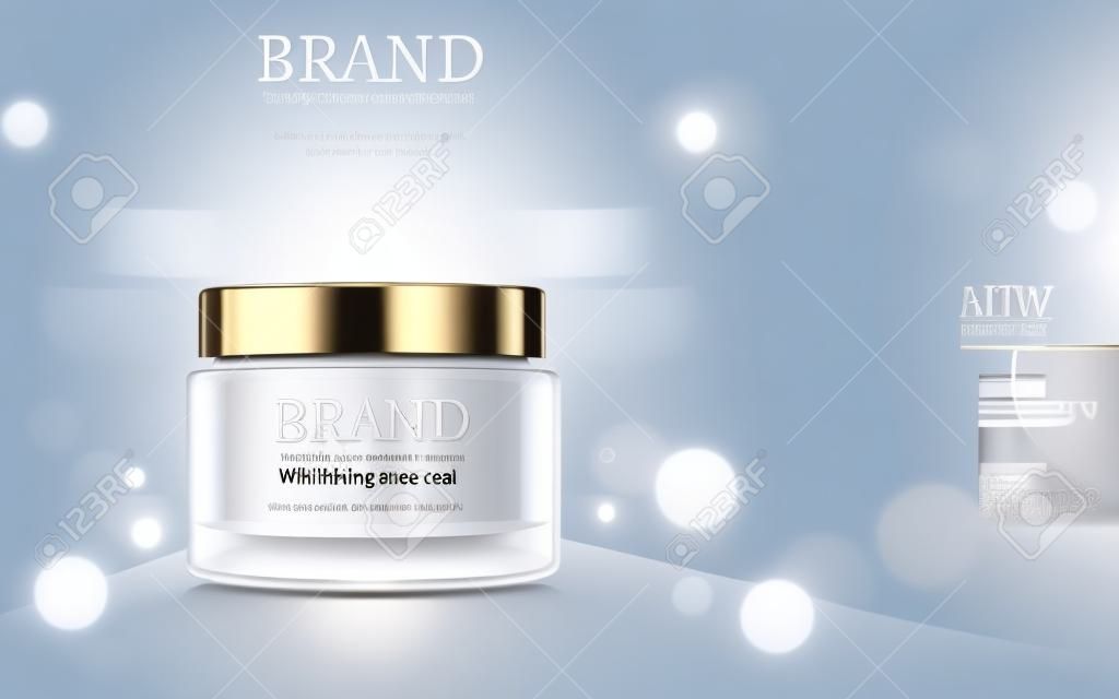 Whitening crème advertenties, cosmetische product advertenties met deeltjes en sterk licht op de container in 3d illustratie