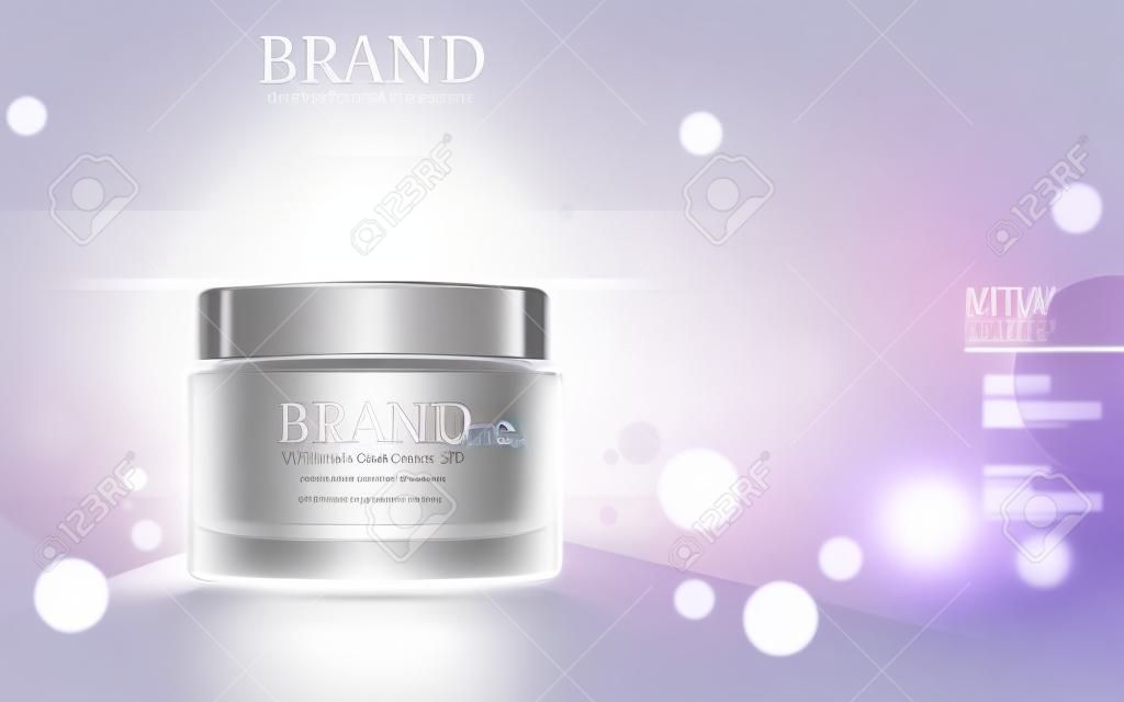 Whitening cream ads, cosmetic product ads with particles and strong light on the container in 3d illustration