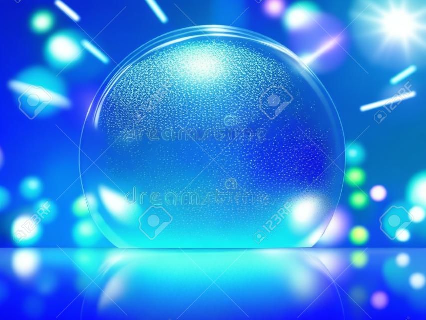 Glittering giant bubble effect, transparent bubble with glowing lights isolated on blue background in 3d illustration
