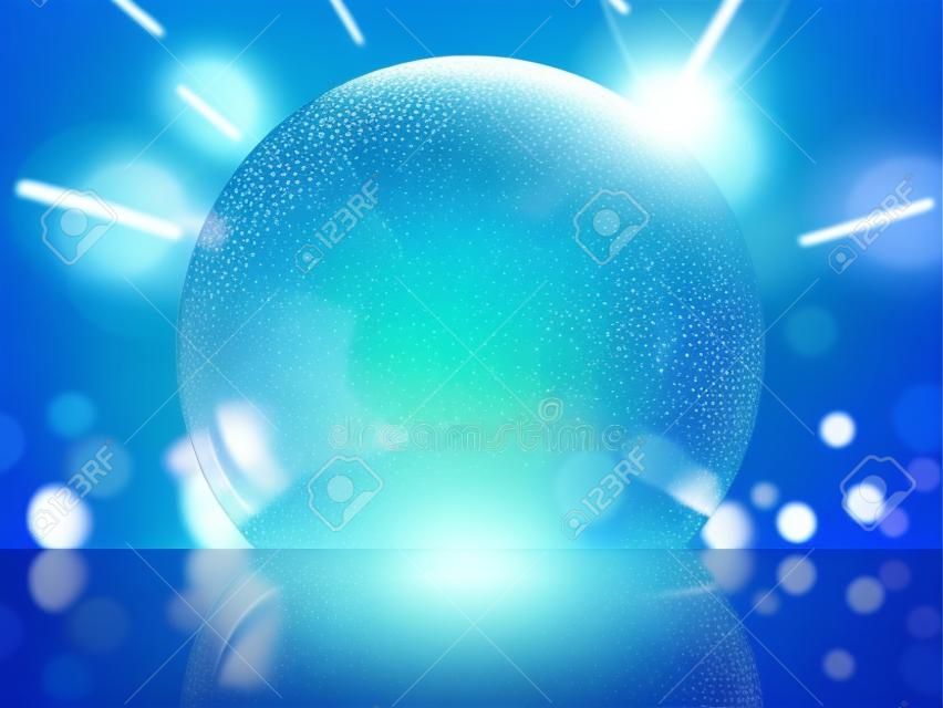Glittering giant bubble effect, transparent bubble with glowing lights isolated on blue background in 3d illustration