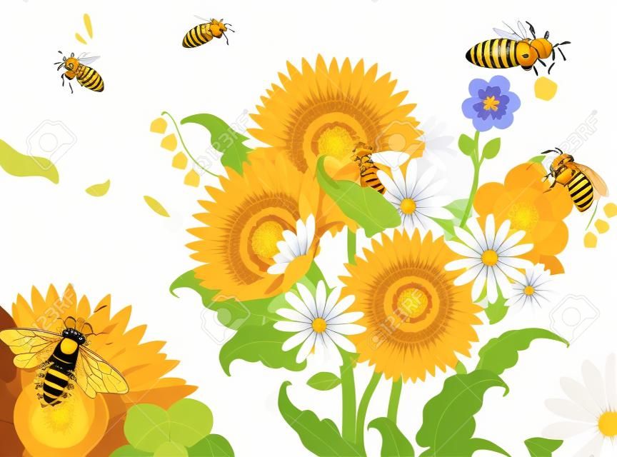 ミツバチと野生の花のベクターイラスト