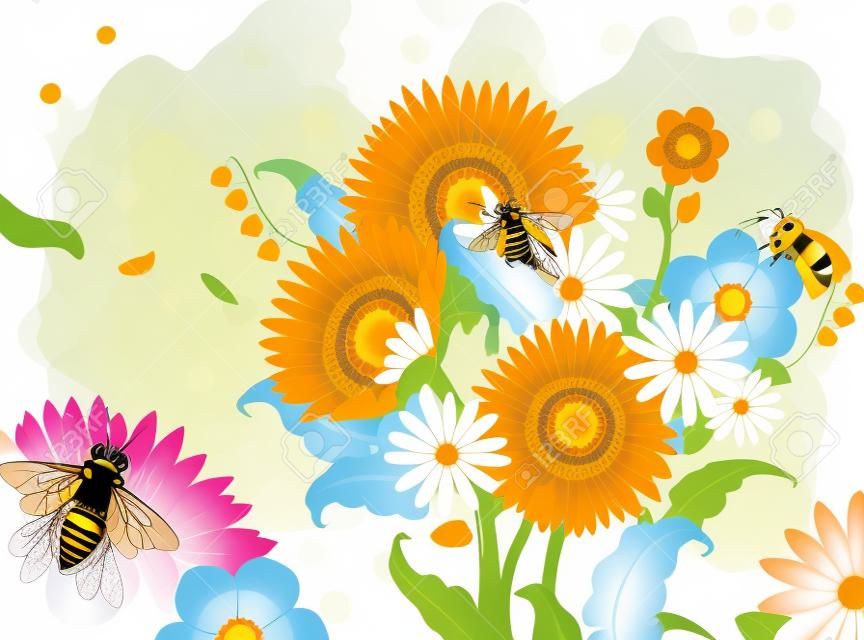 Honey bees and wildflowers vector illustration