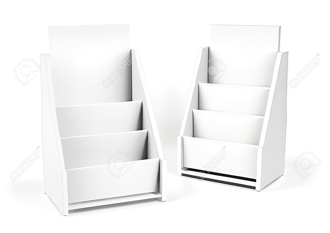 Karton masa üstü raf, broşür veya çarşaflar için 3d render beyaz stand seti