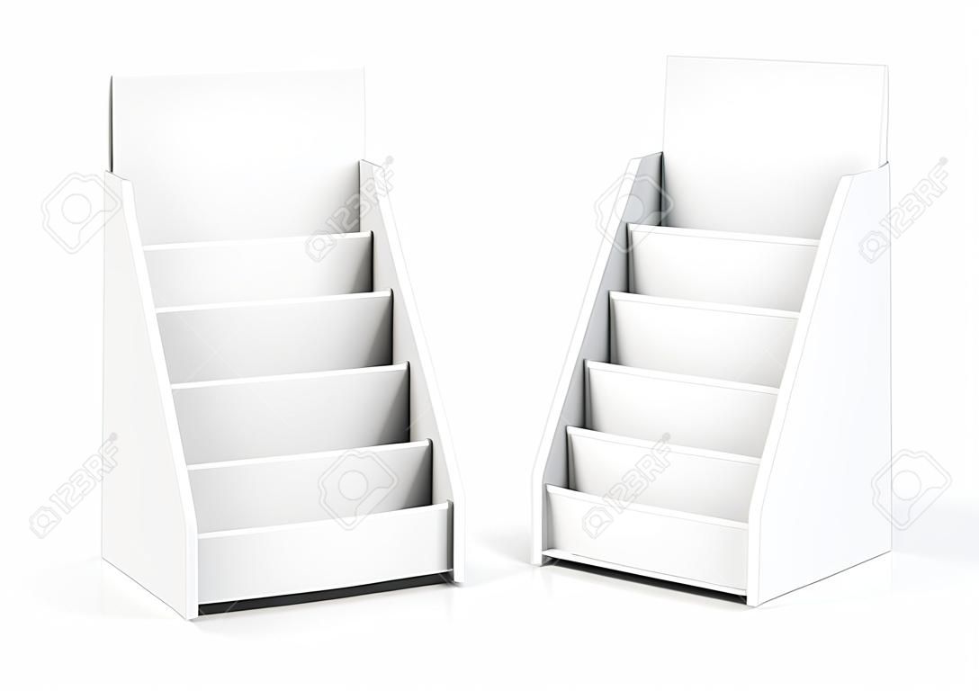 Kartonnen tafelblad rek, 3d render witte standaard set voor brochures of vellen