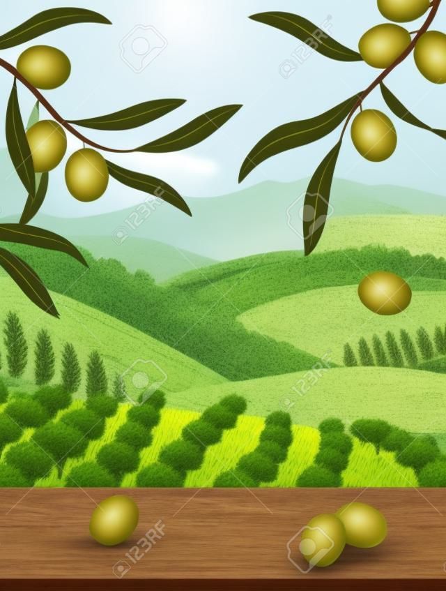 Orchard scene met olijfbladeren en houten tafel met een ruim veld