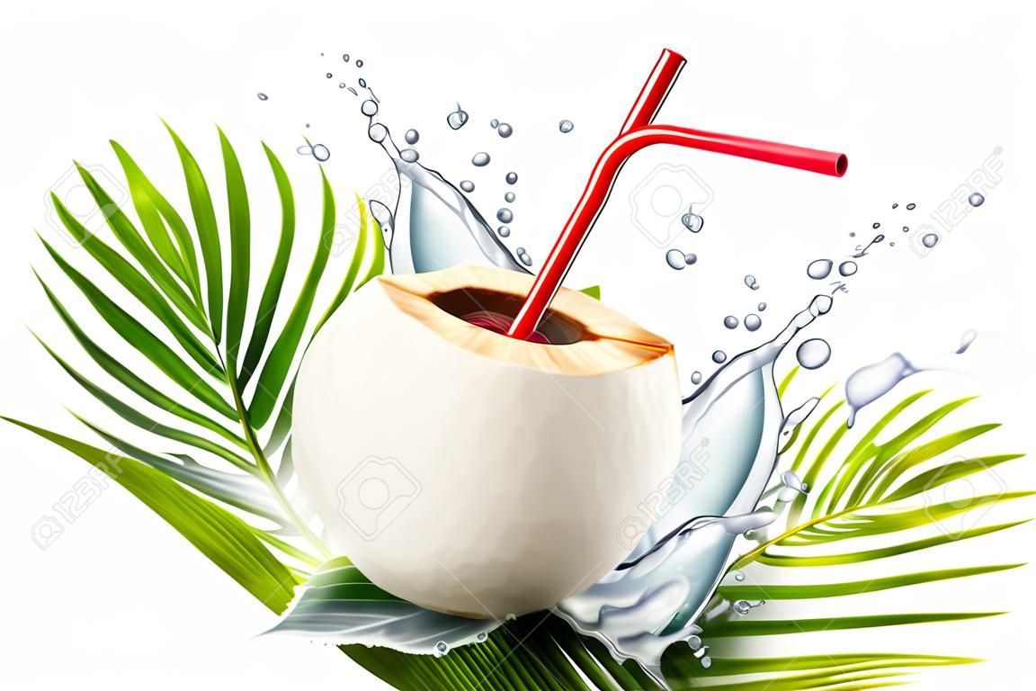 Kokosnusswasser mit Spritzgetränk und Stroh in der 3d Illustration auf Plam verlässt weißen Hintergrund