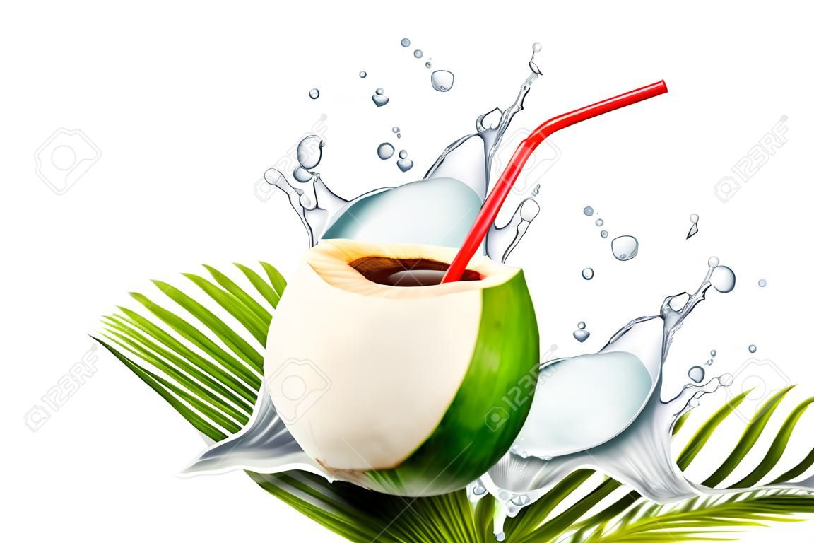 Coconut water with splashing drink and straw in 3d illustration on plam leaves white background