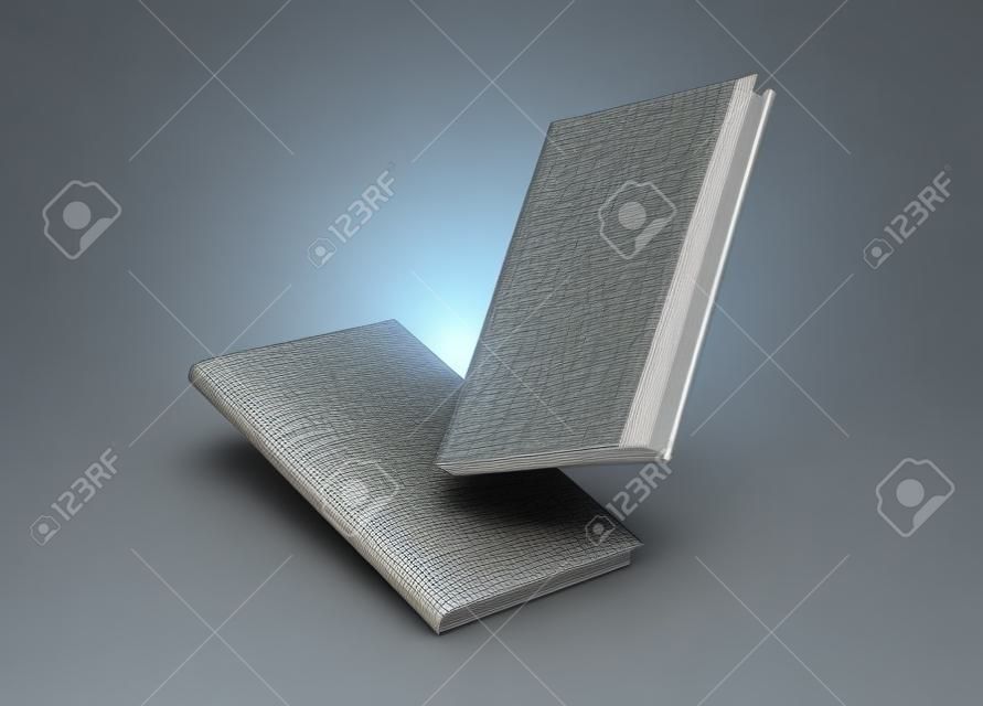 Libri con copertina rigida impostati galleggianti su sfondo grigio nell'illustrazione 3d