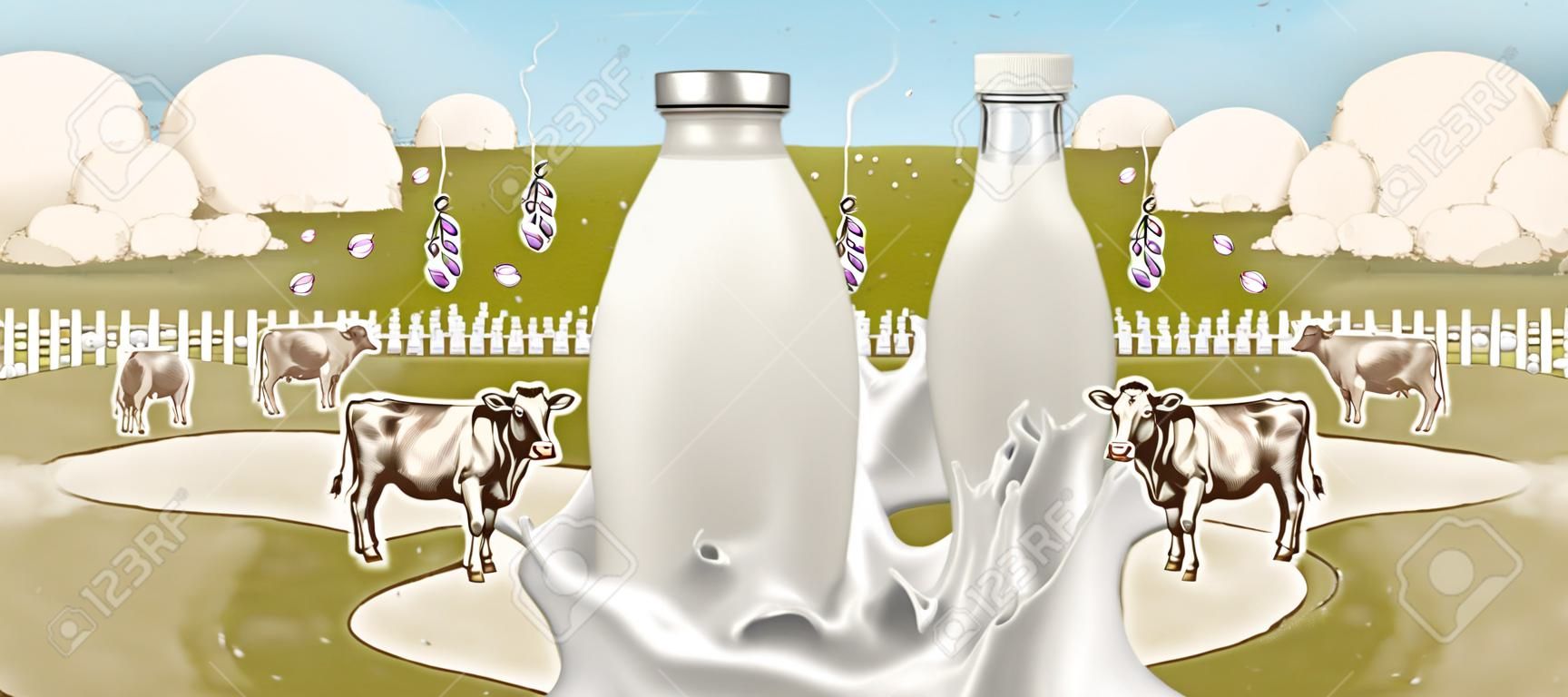 Farm frische Milch mit Spritzflüssigkeit in der 3D-Illustration auf graviertem Ackerlandhintergrund, leere Glasflasche
