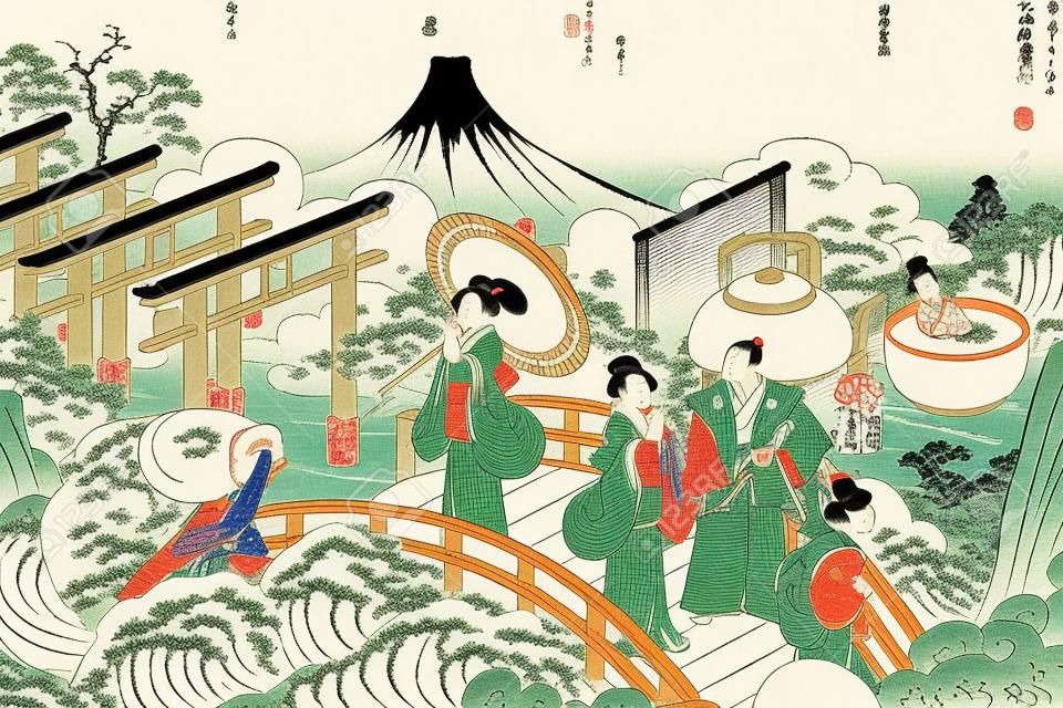 Retro Japan scenery in Ukiyo-e style, people carrying enjoying their green tea on the bridge