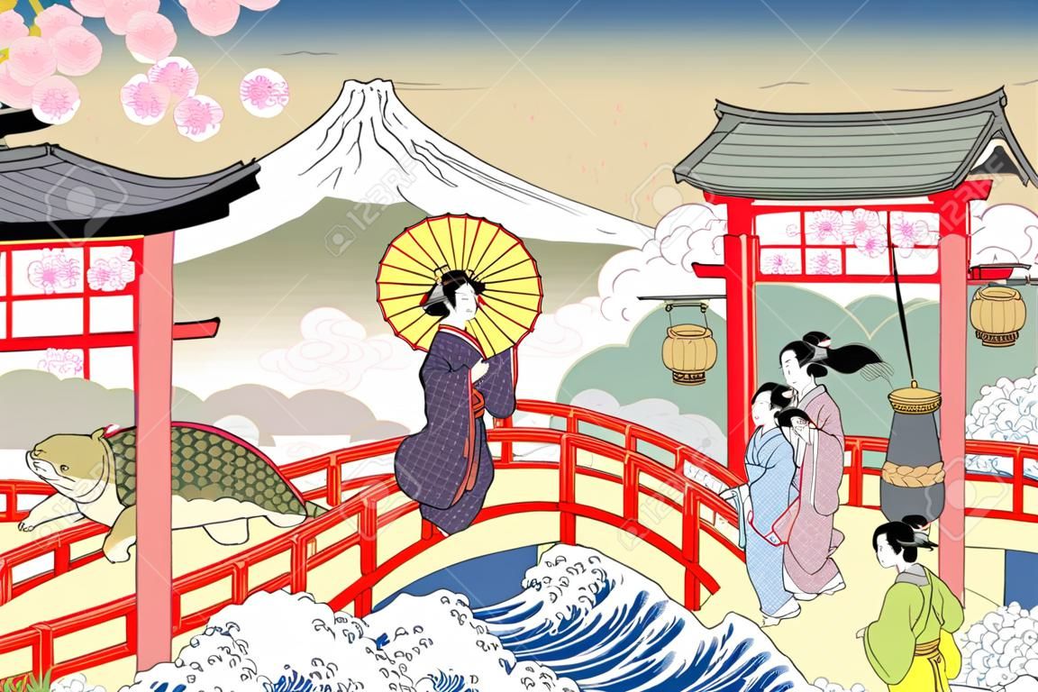 Japońska sceneria retro w stylu Ukiyo-e, ludzie niosący na moście delektujący się zieloną herbatą