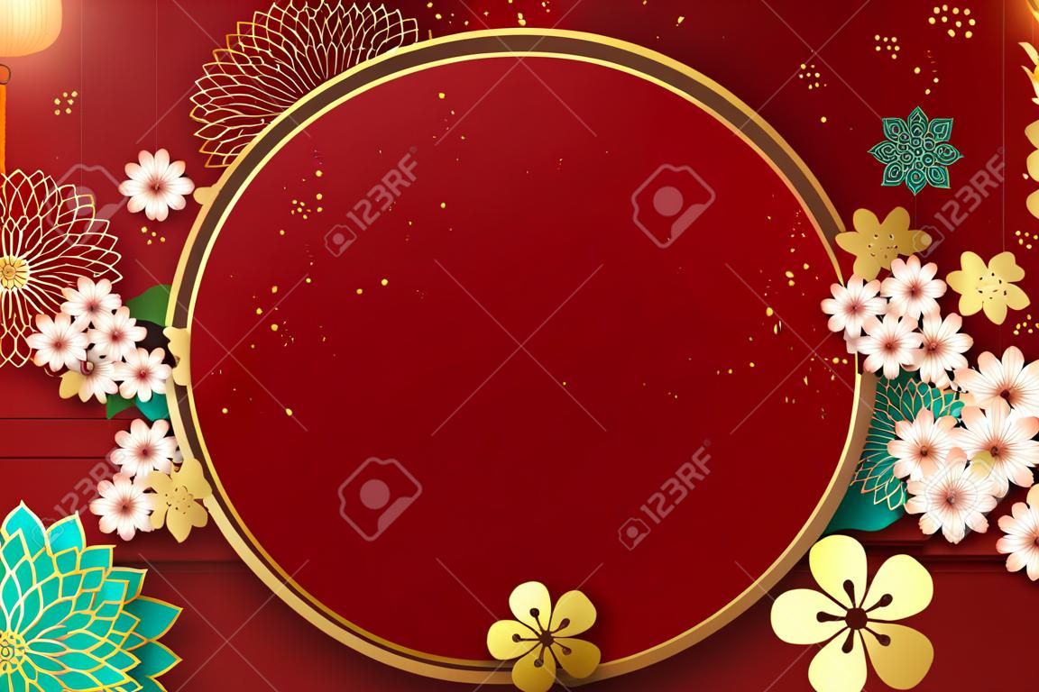 Traditional new year poster background template with flowers and lanterns decoration