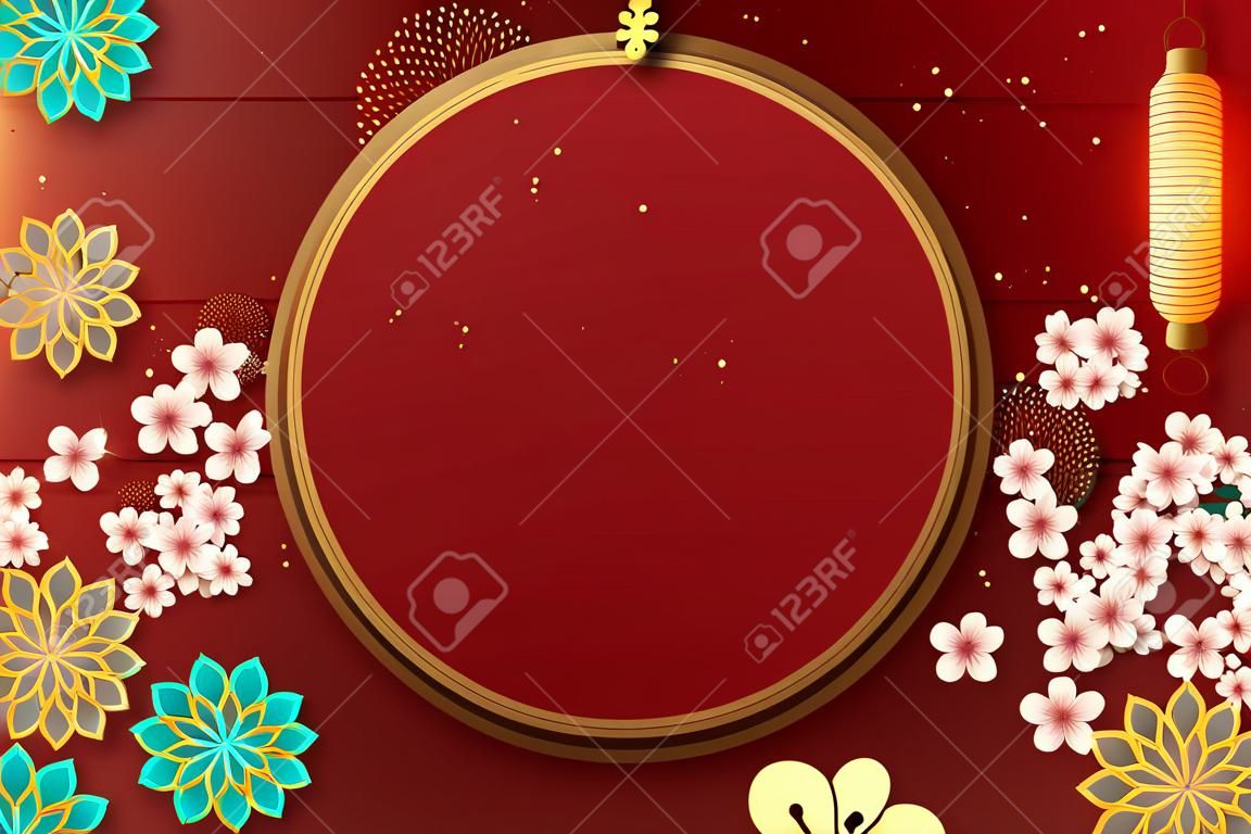 Traditional new year poster background template with flowers and lanterns decoration