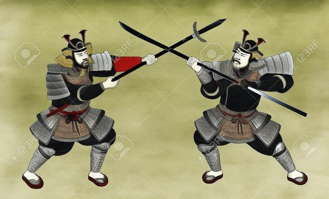 Dois samurais japoneses em amour lutando através da espada
