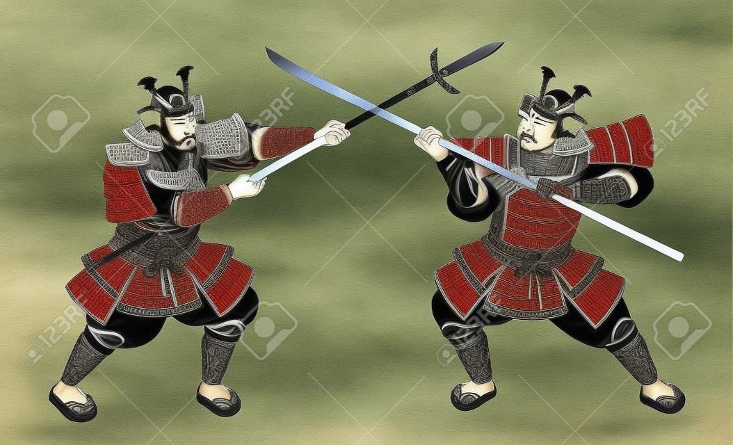Dwóch japońskich samurajów w zbroi walczących mieczem