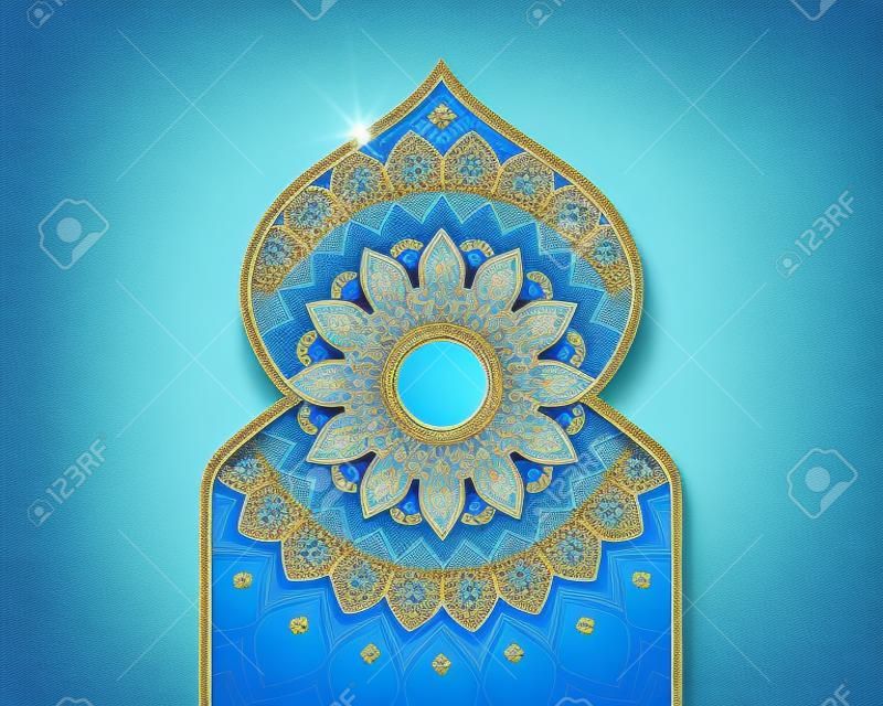 Arabesque pattern design in onion dome and arch shape on blue background