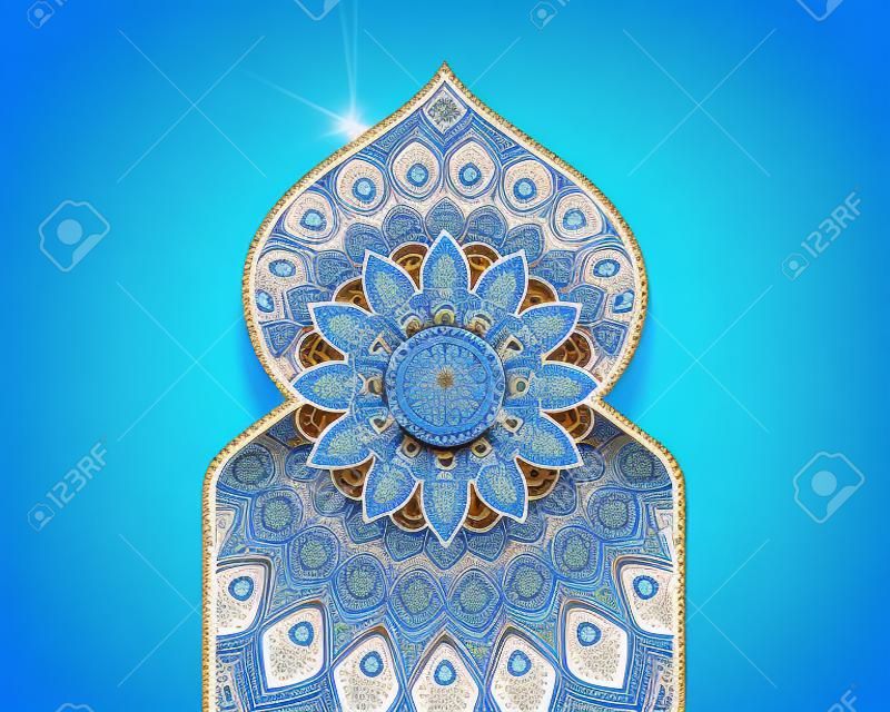 Arabesque pattern design in onion dome and arch shape on blue background