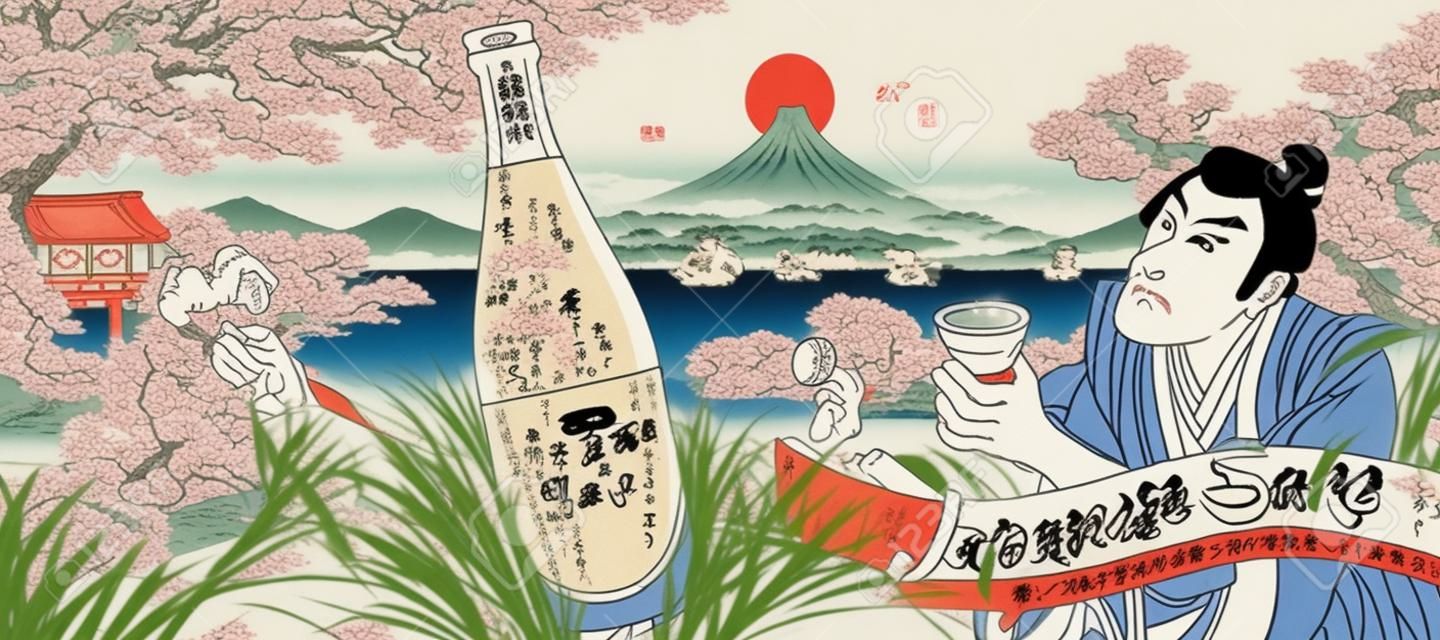 Anuncios de sake japonés estilo Ukiyo e con gente bebiendo vino de arroz